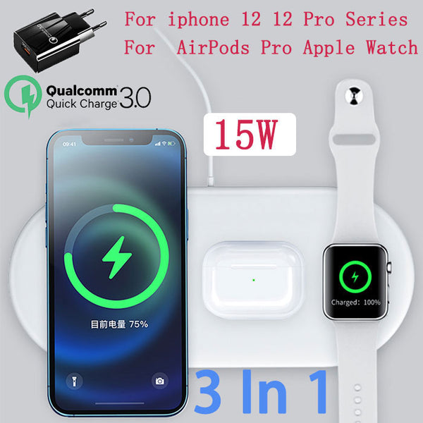 Chrono - Chargeur Induction 15W - 3 en 1 Chargeur sans Fil Rapide  Compatible avec Apple Watch 5/4/3/2/1 Airpords Pro iPhone 12 11 Pro Max  Samsung Galaxy Buds/ S10 S9 S8 S7,(noir) 
