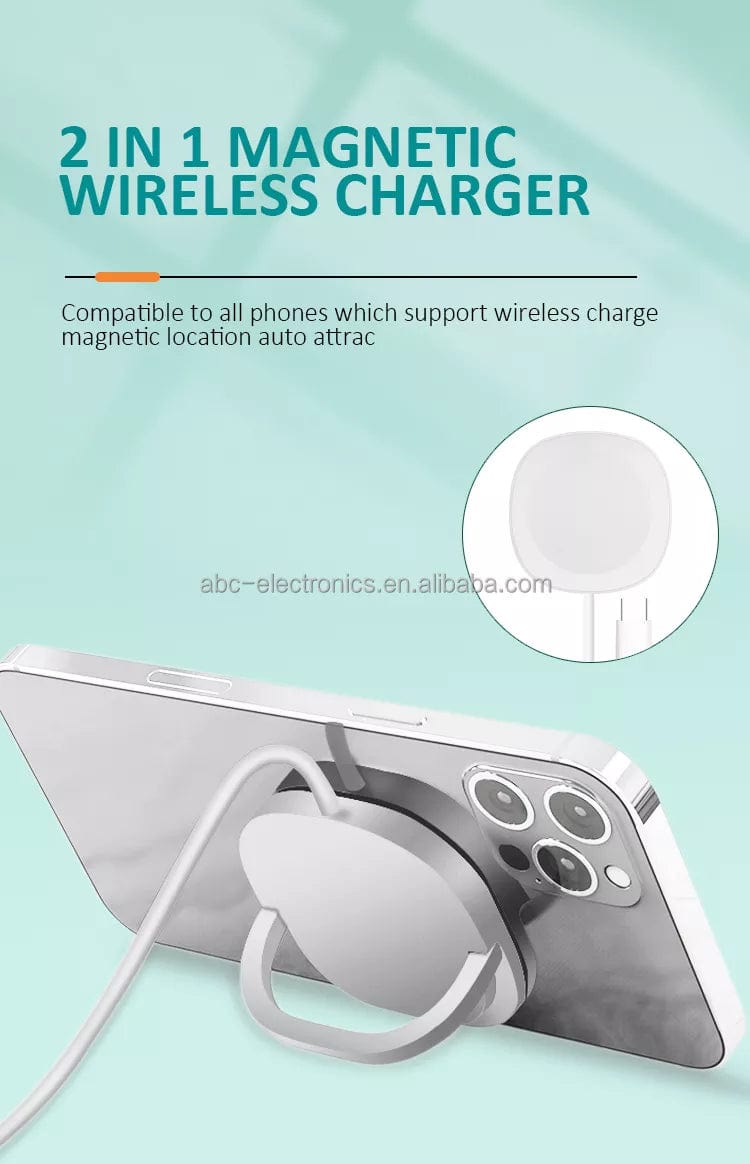 White Multi function magnetic wireless charger phone holder.