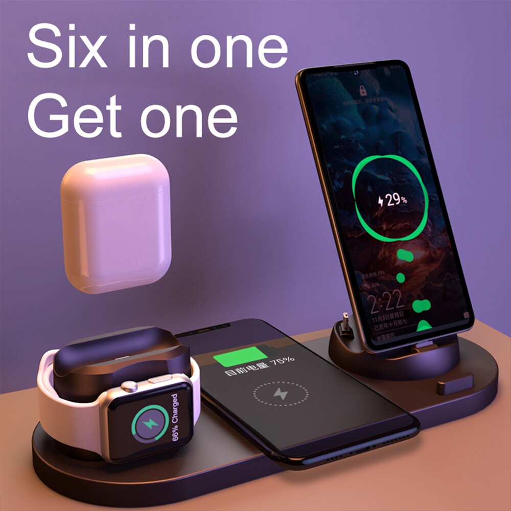 6-in-1 Wireless Fast Charger Dock for Apple and Android phones.